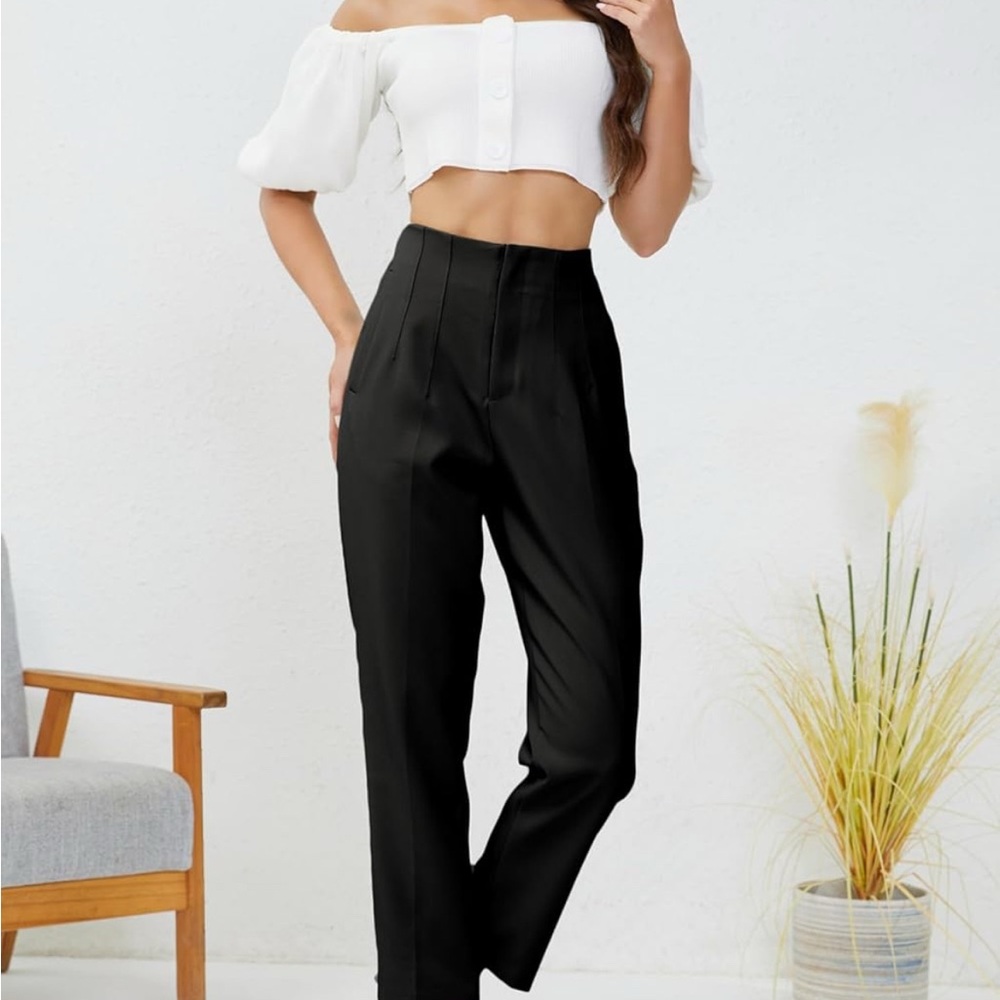 Women's High Waisted Business Trousers Straight Leg Pleated Office Slacks Pants